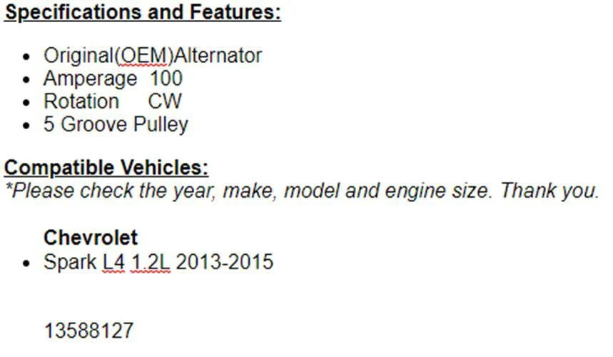 New Alternator For Chevy Spark 2013 2014 2015 (1.2L) 11646n
