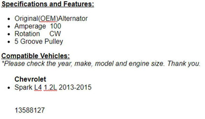 New Alternator For Chevy Spark 2013 2014 2015 (1.2L) 11646n