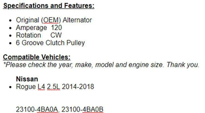 For Nissan Rogue 2014 2015 2016 2017 2018 (2.5L) Alternator