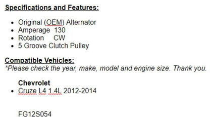 For Chevrolet Cruze 2012-2015, 2016 Cruze Limited 1.4L OEM Alternator
