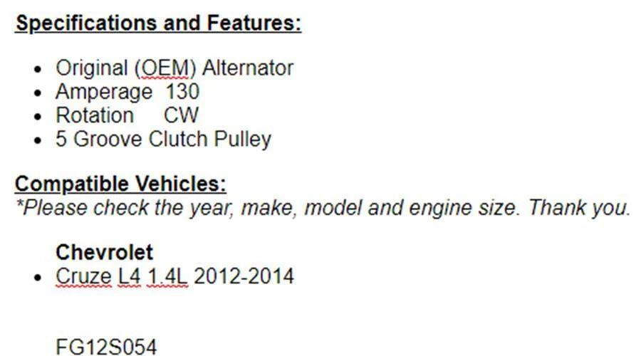 New OEM Alternator For Chevrolet Cruze 2012-2015, 2016 Cruze Limited 1.4L