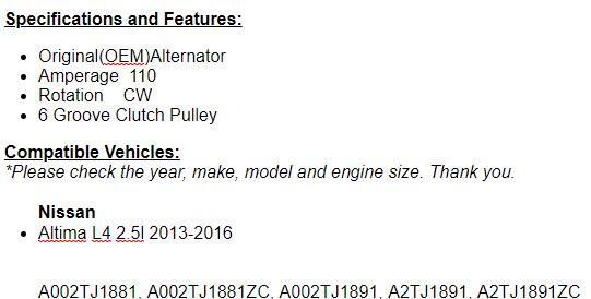 Fits Nissan Altima (2.5L) 2013 2014 2015 2016  Alternator OEM