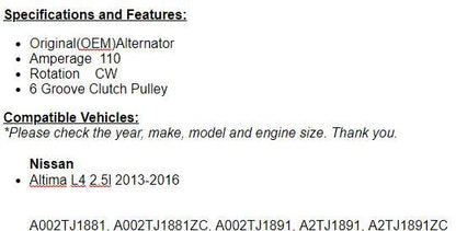 Fits Nissan Altima (2.5L) 2013 2014 2015 2016  Alternator OEM