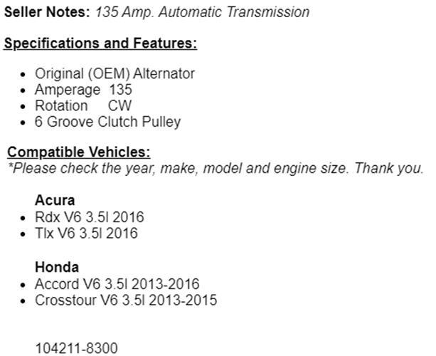 (135 Amp) New Alternator Fits Honda Accord 2013-2016, 2013-2015 Crosstour 3.5L