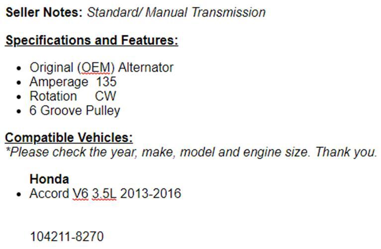 (135 Amp) OEM Alternator For Honda Accord 2013-2016 (3.5L) Manaul Transmission