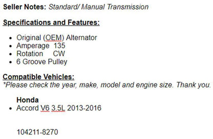 (135 Amp) OEM Alternator For Honda Accord 2013-2016 (3.5L) Manaul Transmission