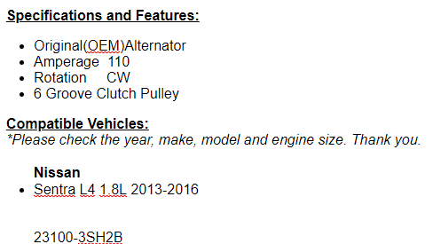 New Alternator For 2013 2014 2015 2016 Nissan Sentra (1.8L)