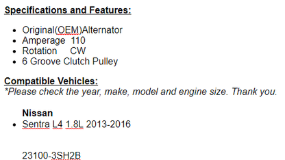 New Alternator For Nissan Sentra 2013 2014 2015 2016 (1.8L)