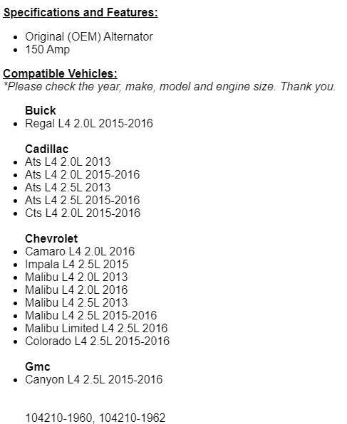 (145 Amp) Alternator Fits Cadillac ATS CTS Chevy Camaro Impala Malibu 2013,15-16