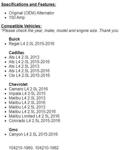 (145 Amp) Alternator Fits Cadillac ATS CTS Chevy Camaro Impala Malibu 2013,15-16