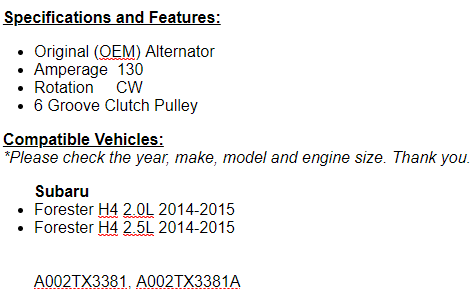 OEM Alternator For Subaru Forester 2014-2015 (2.0-2.5L)