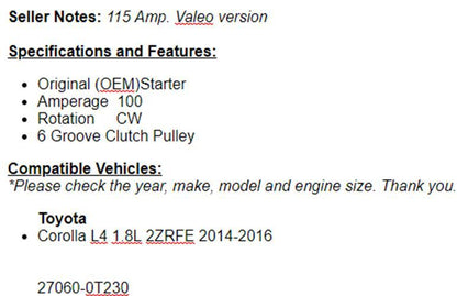 115AMP OEM Alternator For Toyota Corolla 2014 2015 2016 2017 2018 (1.8L)