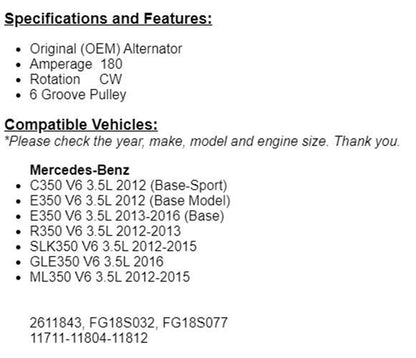 New Alternator For Mercedes SLK350 GLE350 ML350 C350 E350 R350