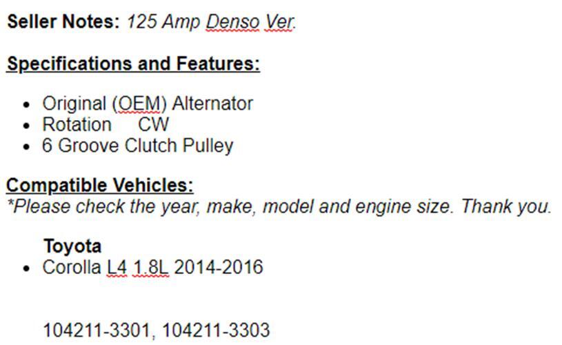 New Alternator Fits Toyota Corolla 2014 2015 2016 2017 2018 2019 (1.8L)