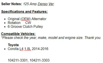 New Alternator Fits Toyota Corolla 2014 2015 2016 2017 2018 2019 (1.8L)