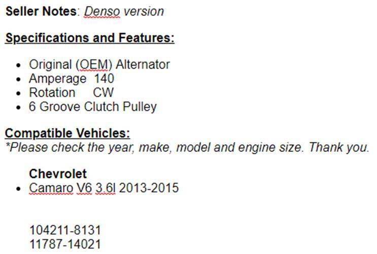 (140 Amp) For Chevy Camaro (2013 2014 2015) 3.6L Alternator
