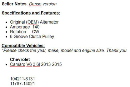 (140 Amp) For Chevy Camaro (2013 2014 2015) 3.6L Alternator