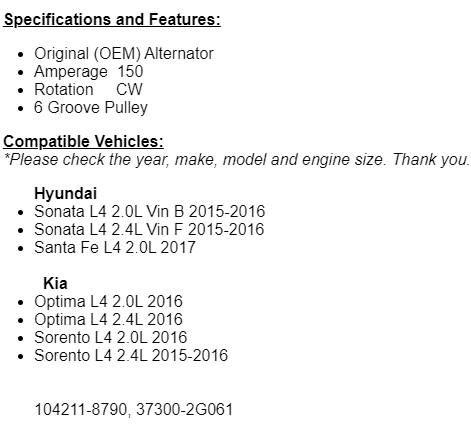(150 Amp) Alternator For Kia Optima 2016, Hyundai Sonata 2015-2016 (2.0L-2.4L)