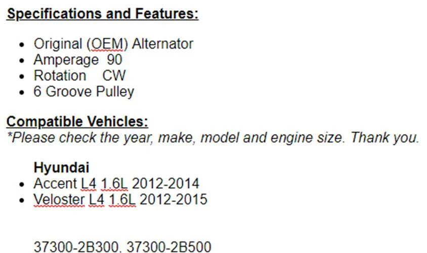 Reman Alternator For Hyundai Accent 2012 2013-14, 2012-2015 Veloster 1.6L