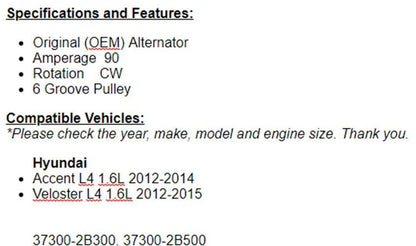 Reman Alternator For Hyundai Accent 2012 2013-14, 2012-2015 Veloster 1.6L