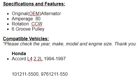 New Alternator For Honda Accord 1994 1995 1996 1997 (2.2L)
