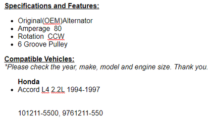 New Alternator For Honda Accord 1994 1995 1996 1997 (2.2L)