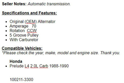 New ALTERNATOR Fits TOYOTA COROLLA AUTOMATIC 1993-1997 (1.6L-1.8L) OEM