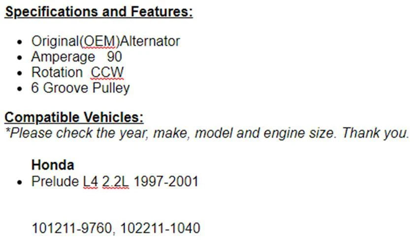 New Alternator For Honda Prelude 1997 1998 1999 2000 2001 (2.2L)