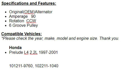 New Alternator For Honda Prelude 1997 1998 1999 2000 2001 (2.2L)