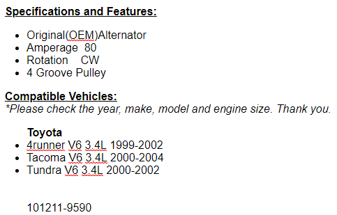 New Alternator 2000-2002 Tundra 3.4L, Fits Toyota Tacoma 2000-2004