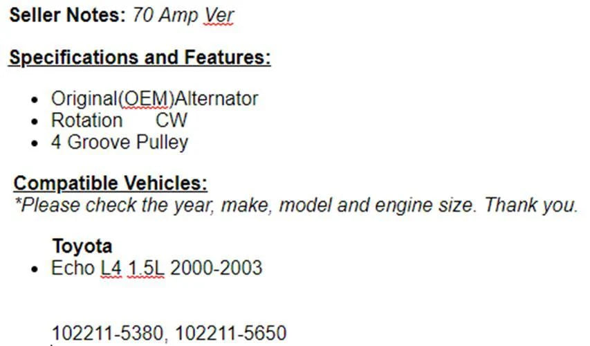 New Alternator Fits 2000 2001 2002 2003 (1.5L) Toyota Echo