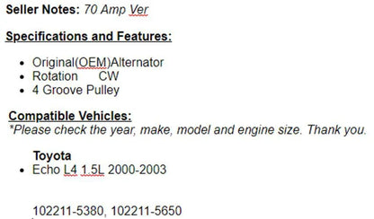 New Alternator Fits 2000 2001 2002 2003 (1.5L) Toyota Echo