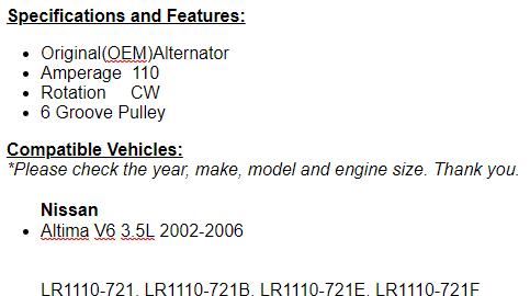 New Alternator For Nissan Altima 2002 2003 2004 2005 2006 (3.5L)