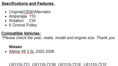 New Alternator For Nissan Altima 2002 2003 2004 2005 2006 (3.5L)