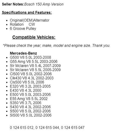 New Alternator For Mercedes G500 AMG E320 E430 E500 S500 SL500 CLS500