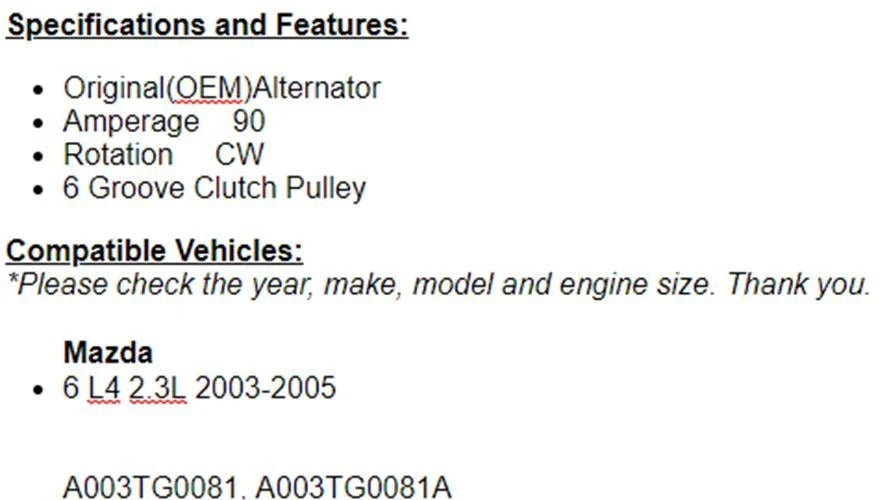 New Alternator For Mazda 6 2003 2004 2005 (2.3L) 13996n