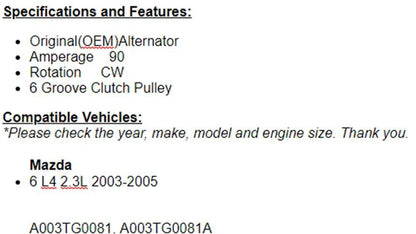 New Alternator For Mazda 6 2003 2004 2005 (2.3L) 13996n