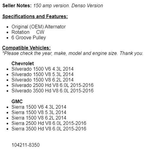 Alternator For Chevy Silverado 1500 2500 HD 3500 HD 2014 2015 2016 OEM