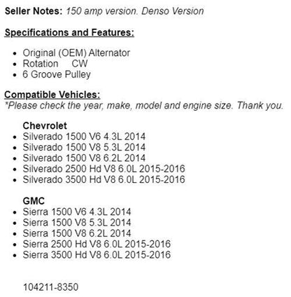 OEM Alternator For Chevy Silverado 1500 2500 HD 3500 HD 2014 2015 2016