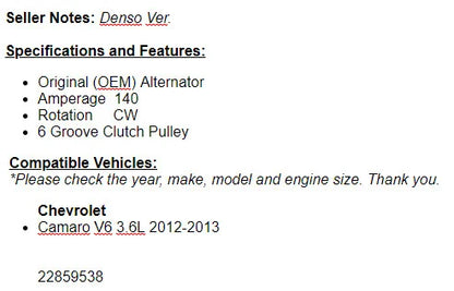 New Alternator  For Chevy Camaro 2012-2013 (3.6L) 14021n