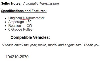 New Alternator For Toyota 2013-18 RAV4, Camry 2015-2017 2.5 All Wheel Drive only