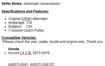 Fits Honda Accord 2013 2014 2015 2016 (2.4L) Automatic Alternator