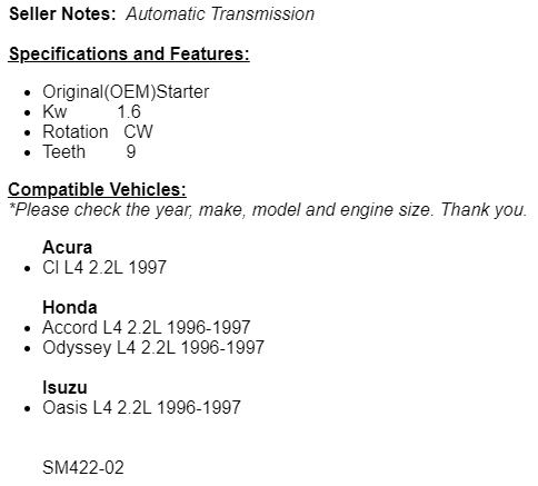 New Starter For Acura CL 1997 2.2L, 1996-97 Honda Accord 2.2L Automatic Trans