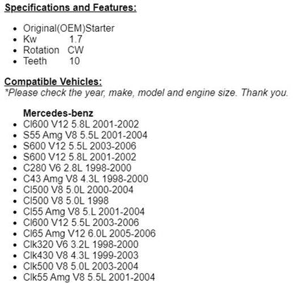 New Starter For Mercedes AMG SL500 ML320 ML430 5.0L, E500 E55 AMG S320 S430 S500