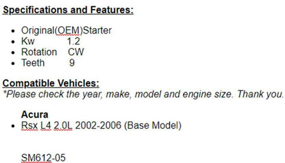 New Starter For 2002 2003 2004 2005 2006 Acura RSX (2.0L) (Base)