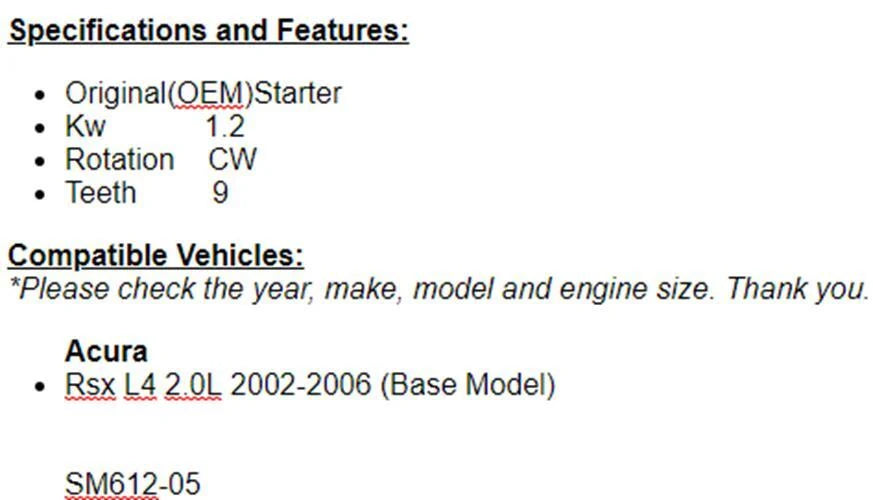 New Starter For Acura RSX 2002 2003 2004 2005 2006 (2.0L) (Base)