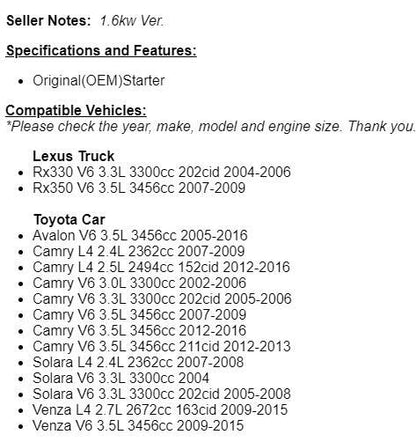 For Toyota Sienna Starter 2004-2010 2011 2011 2012 2013 2014 2015