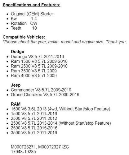 New Starter For Dodge Durango 2011-2016, 2009-16 Jeep Grand Cherokee 5.7L