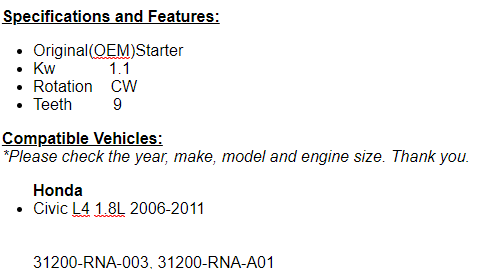Fits Honda Civic 2006 2007 2008 2009 2010 2011 (1.8L) Manual Starter