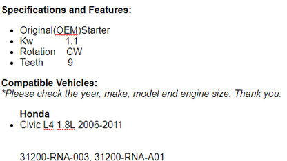 Fits Honda Civic 2006 2007 2008 2009 2010 2011 (1.8L) Manual Starter